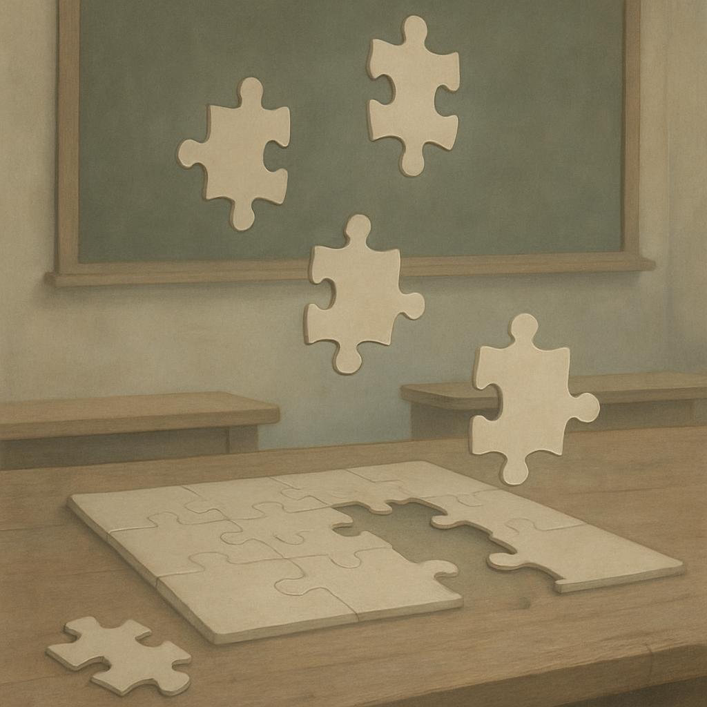 A painting of wooden puzzle pieces falling into pieces of a puzzle laid on a desk near a school desk. Lightly textured pai...