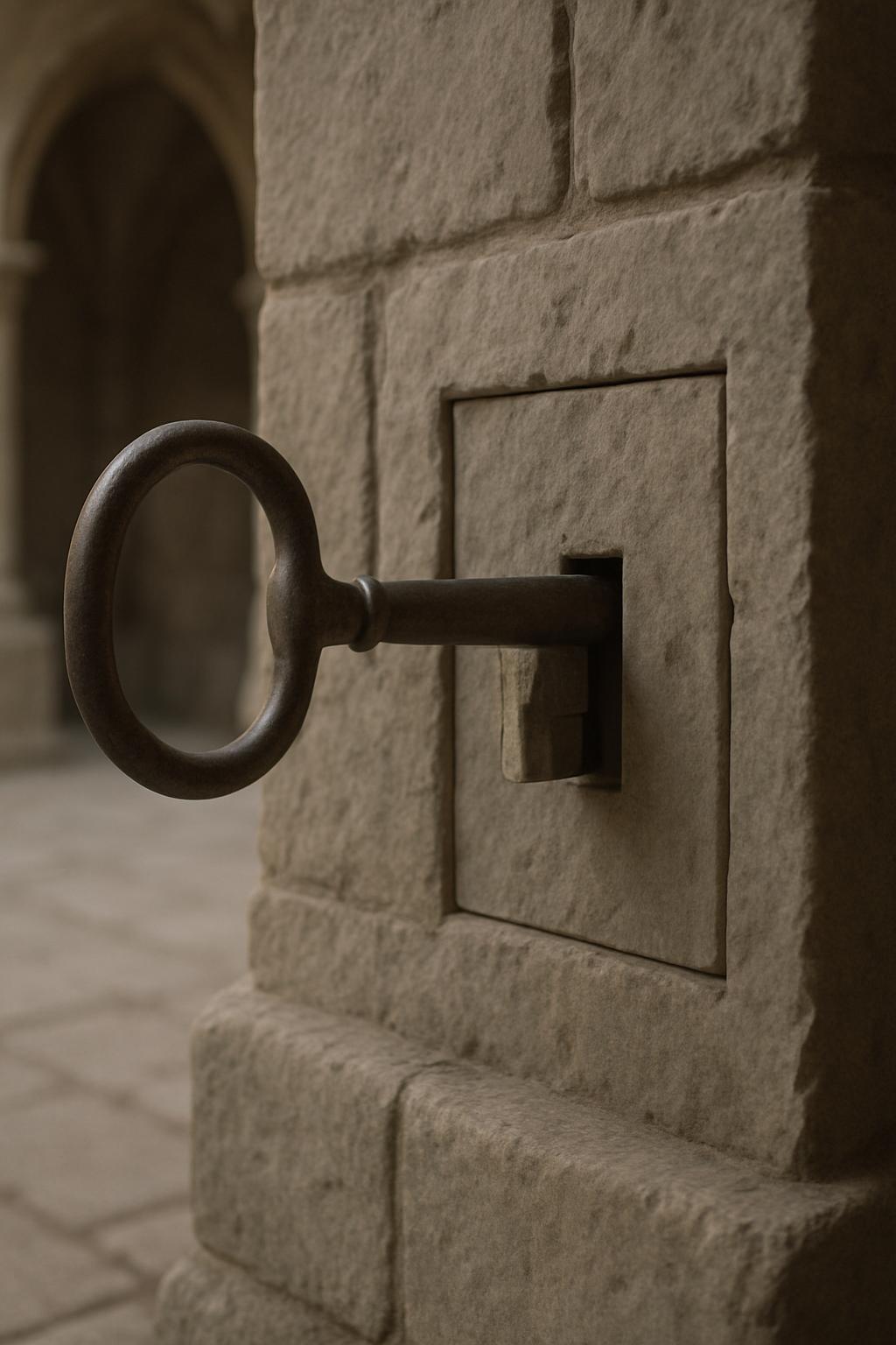 title A large, ornate key, possibly bronze, is inserted into a square metal plate and surrounded by stone blocks with arches in ...