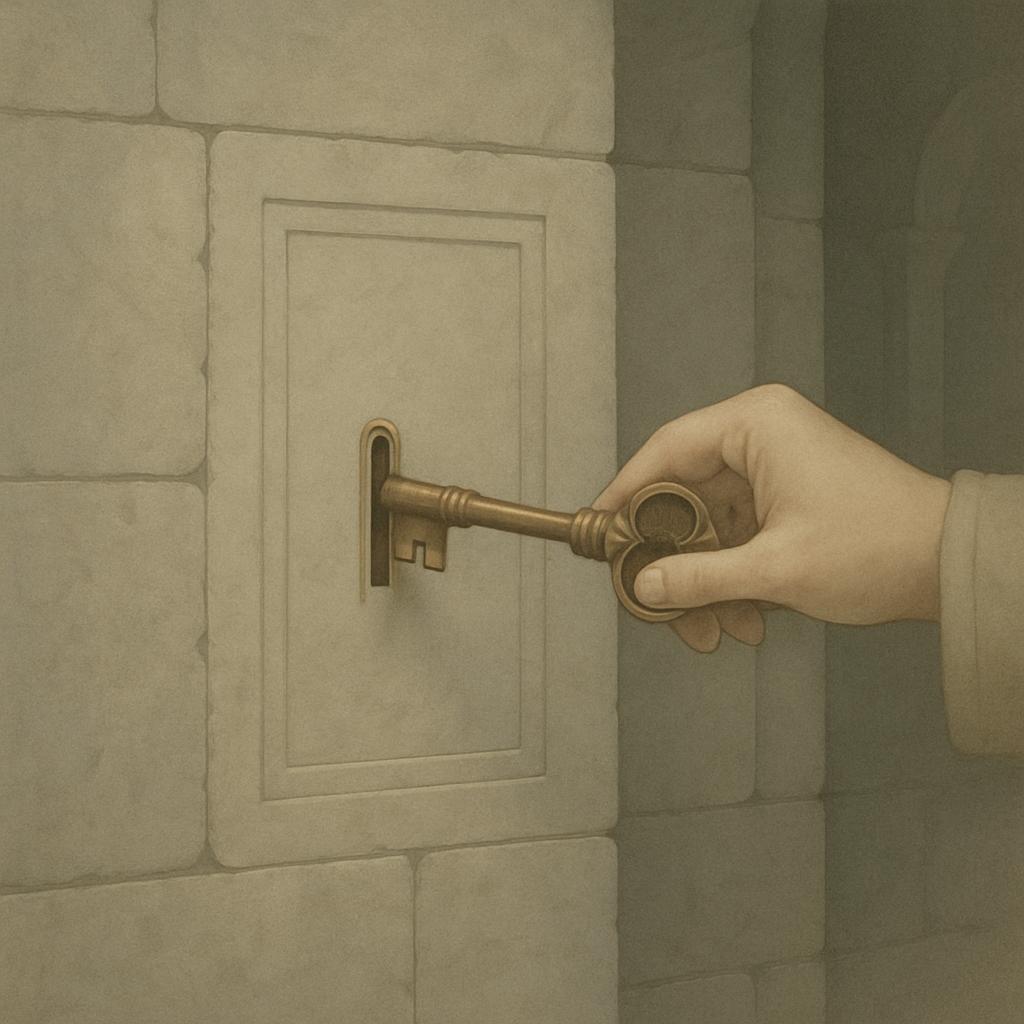 An old-fashioned skeleton key inserted into a secret compartment's lower latch in a stone wall.