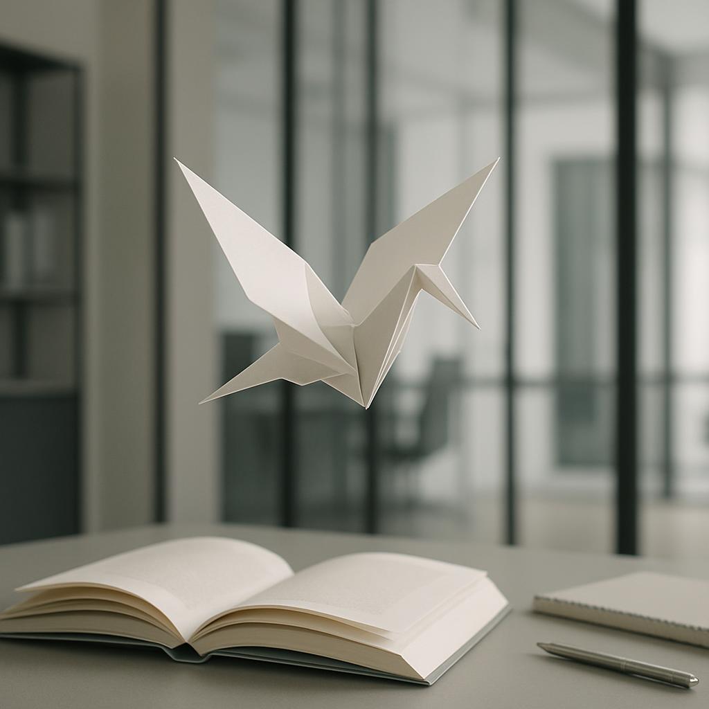 A white origami crane floating above a book and pen on a desk, with an out-of-focus office background.