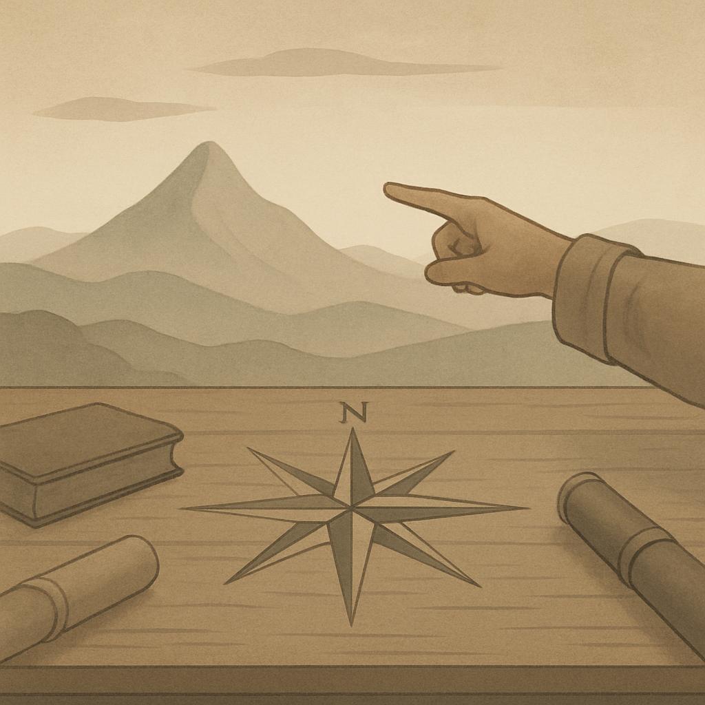 A person's hand points to a mountain on a foggy day, with a compass and maps visible in the foreground.