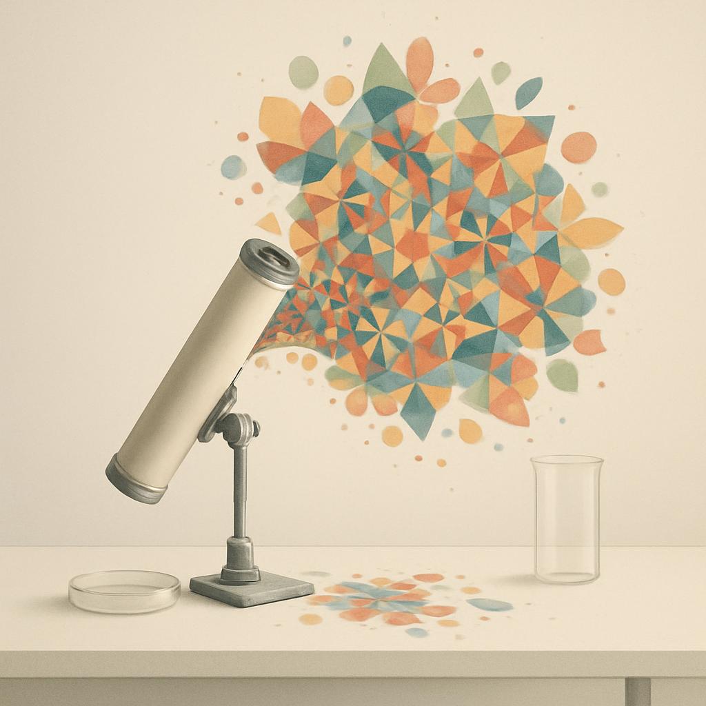 A microscope on a stand, with colorful geometric shapes and a petri dish and beaker on the counter.