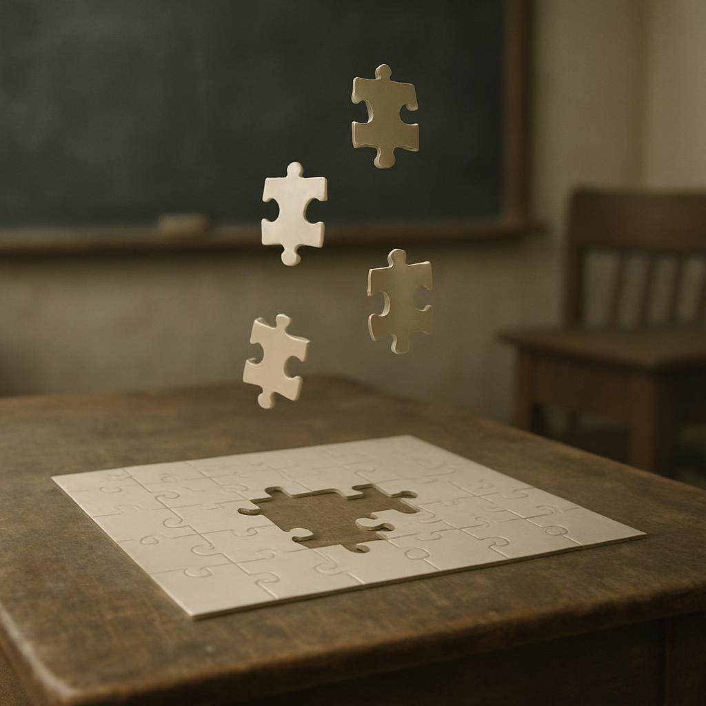 Puzzle pieces suspended above a desk, with some pieces properly fitting into an under-construction puzzle.