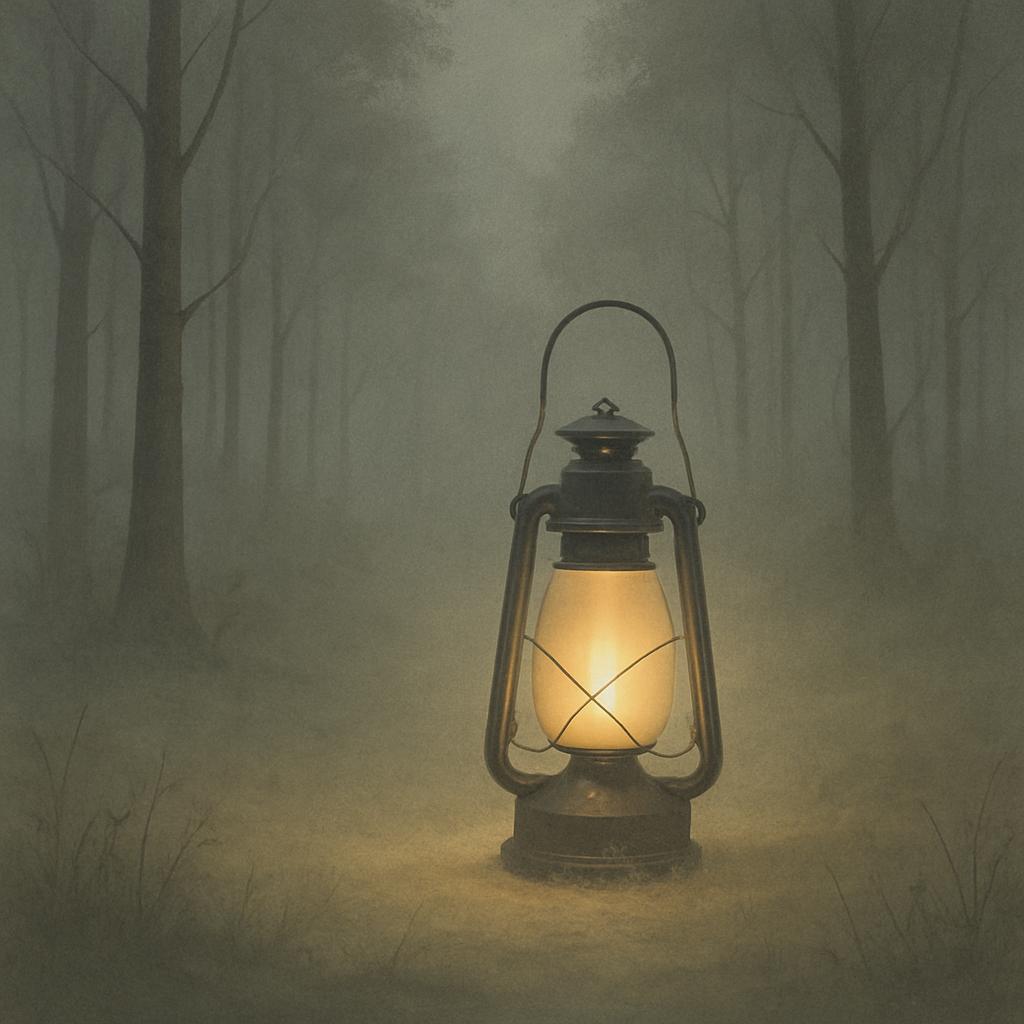 A forest illuminated by a lantern standing in a grassy clearing.
